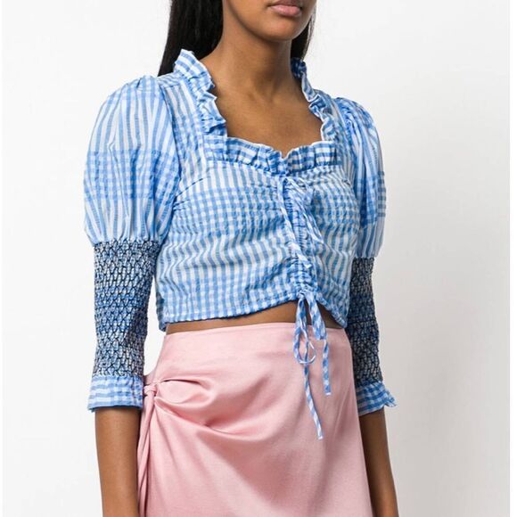 GANNI Blue Plaid Charron Top Crop Longs sleeves blouse Deawstring Front - Picture 2 of 9
